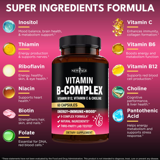 NEW AGE Vitamin B Complex capsules - close-up, convenient daily energy support.