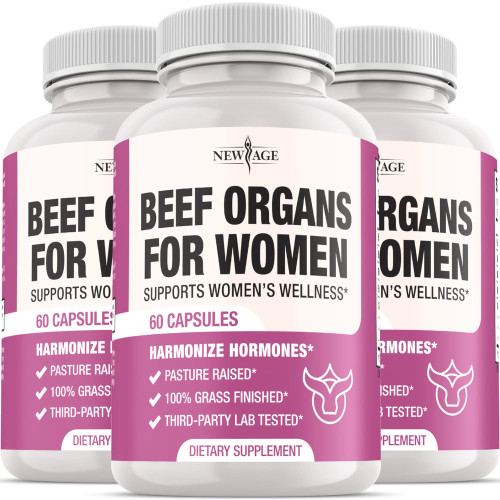 NEW AGE beef organ supplement bottle for women supporting daily energy
