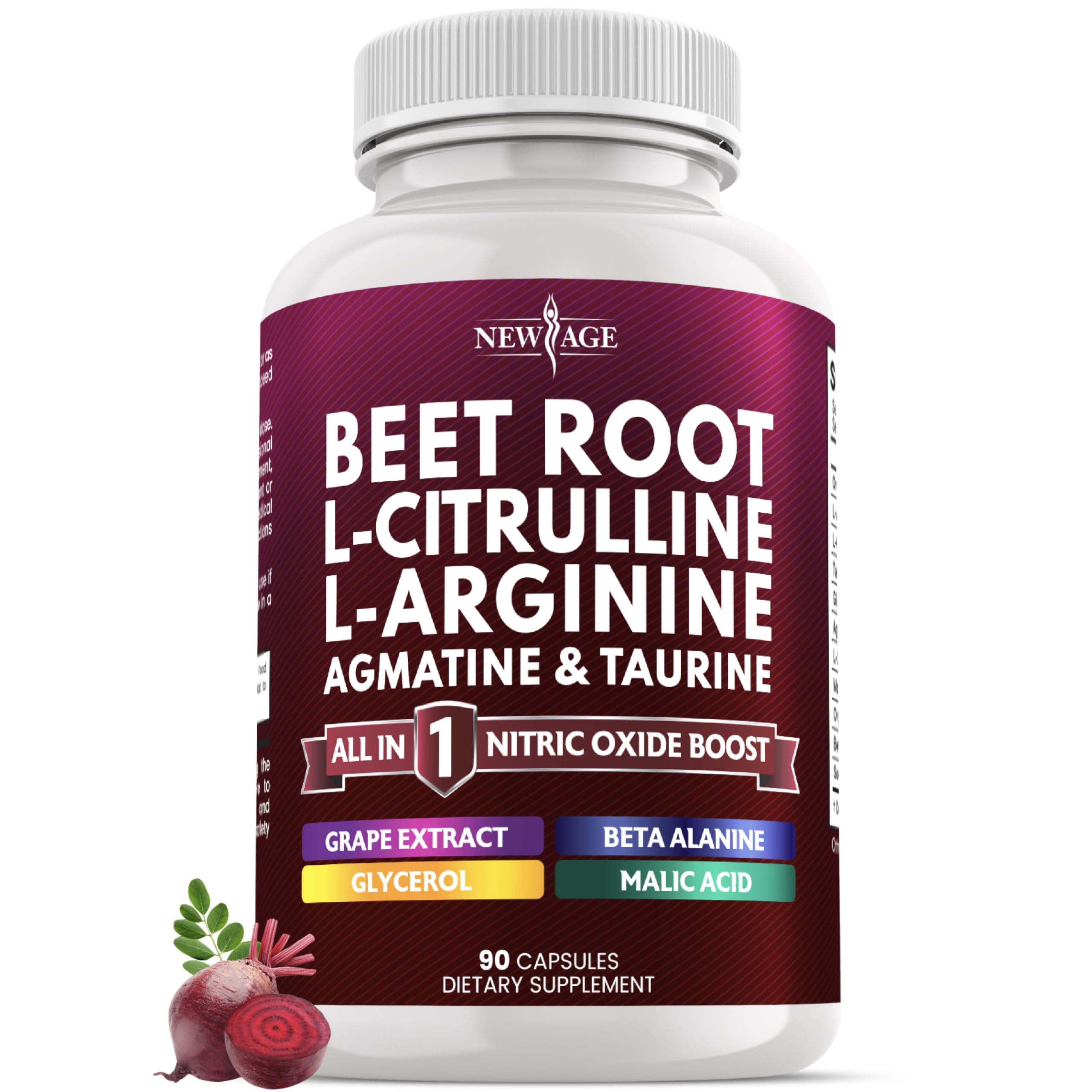 NEW AGE Beet Root Capsules bottle showcasing vegan capsules for daily nitric oxide support.