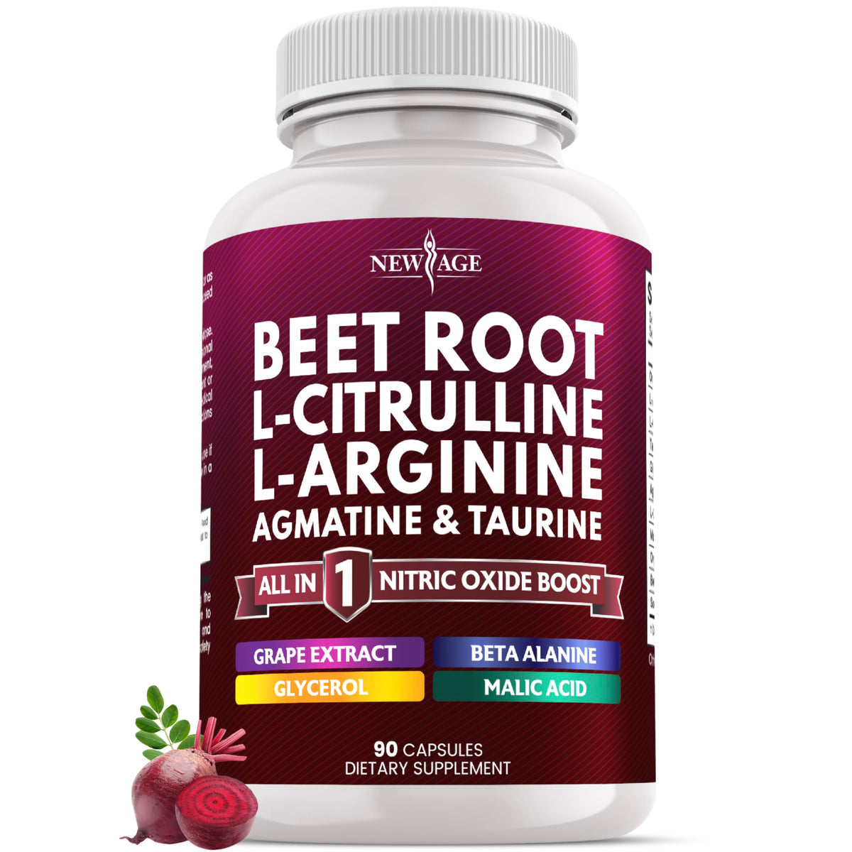 NEW AGE Beet Root Capsules bottle showcasing vegan capsules for daily nitric oxide support.