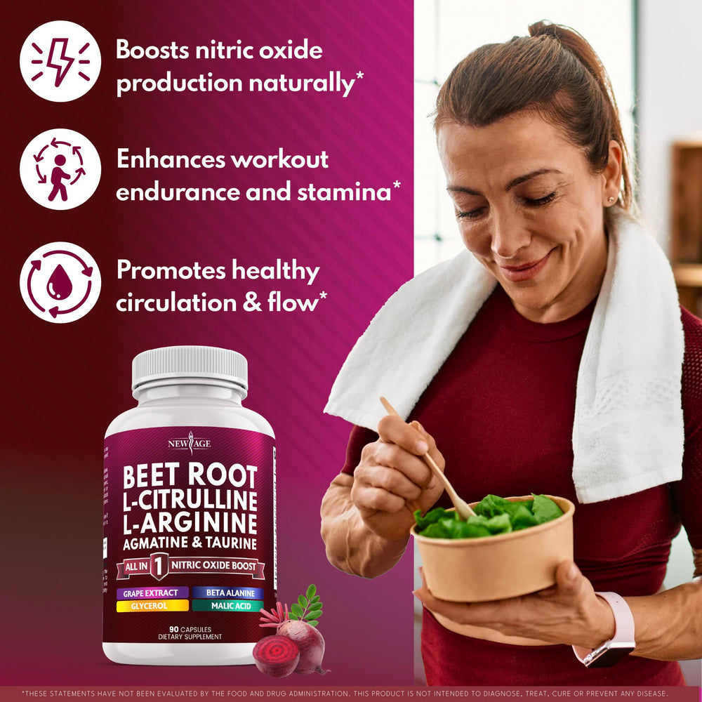 NEW AGE Beet Root Capsules label highlights L-Arginine and L-Citrulline blend.