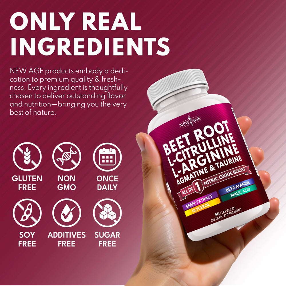 NEW AGE Beet Root Capsules packaging highlights USA-made facility and safety.