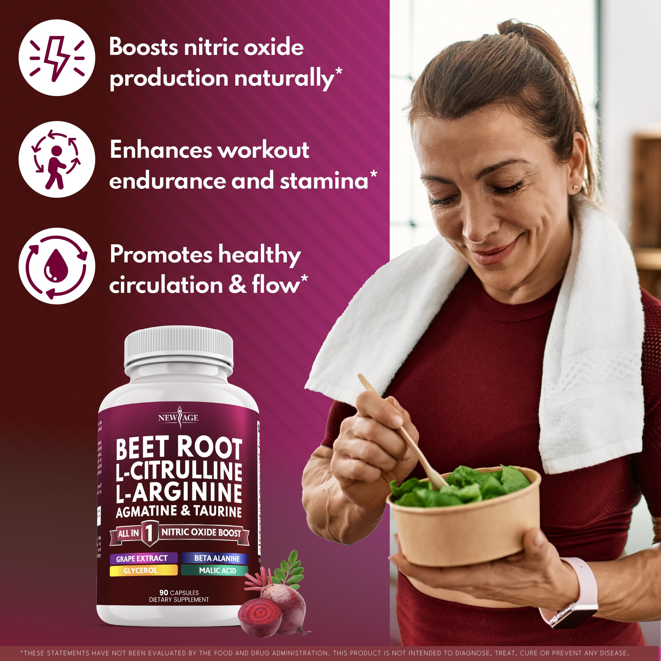 NEW AGE Beet Root Capsules pouring capsules for quick daily supplementation.