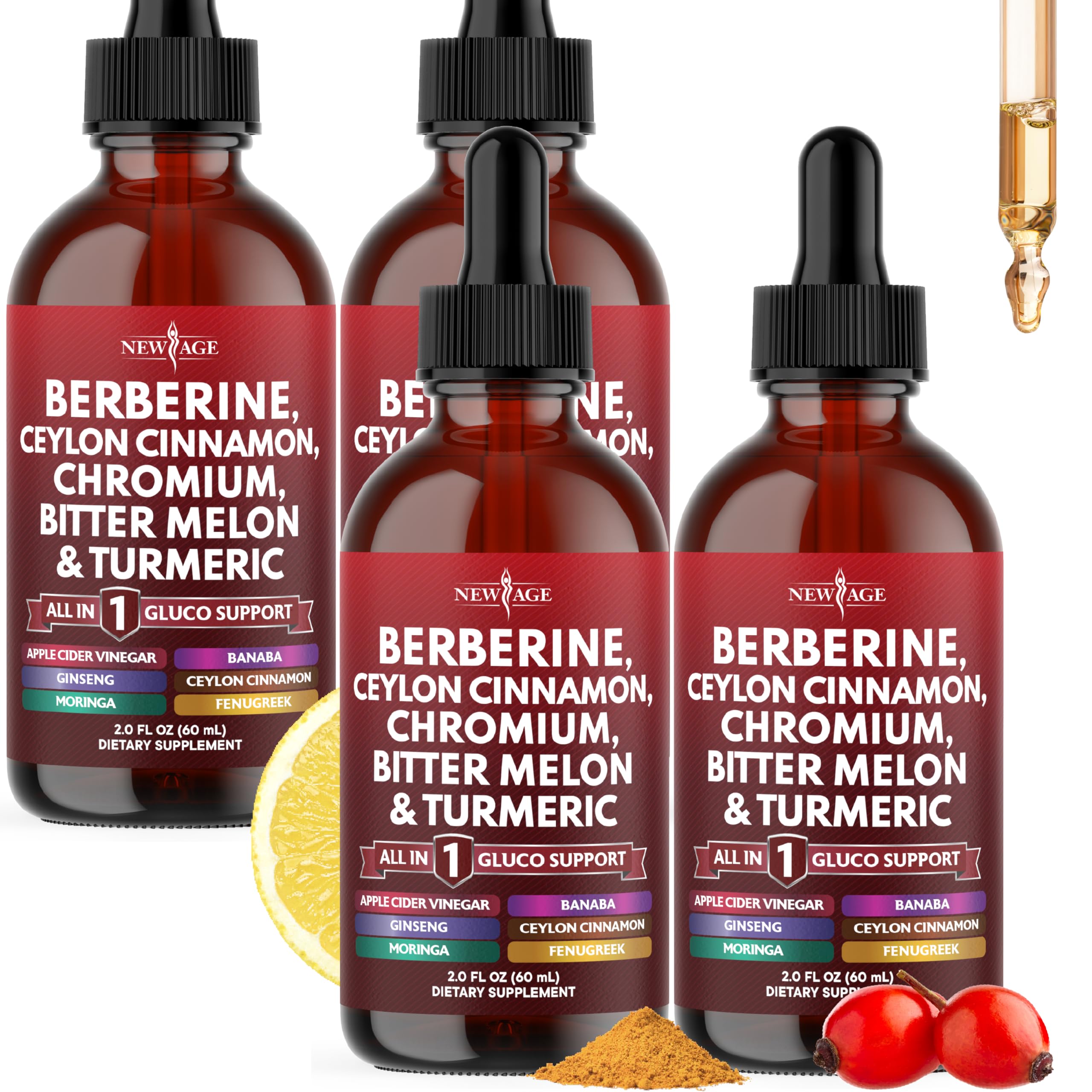 NEW AGE Berberine Cinnamon drops bottle for easy daily mixing with water.