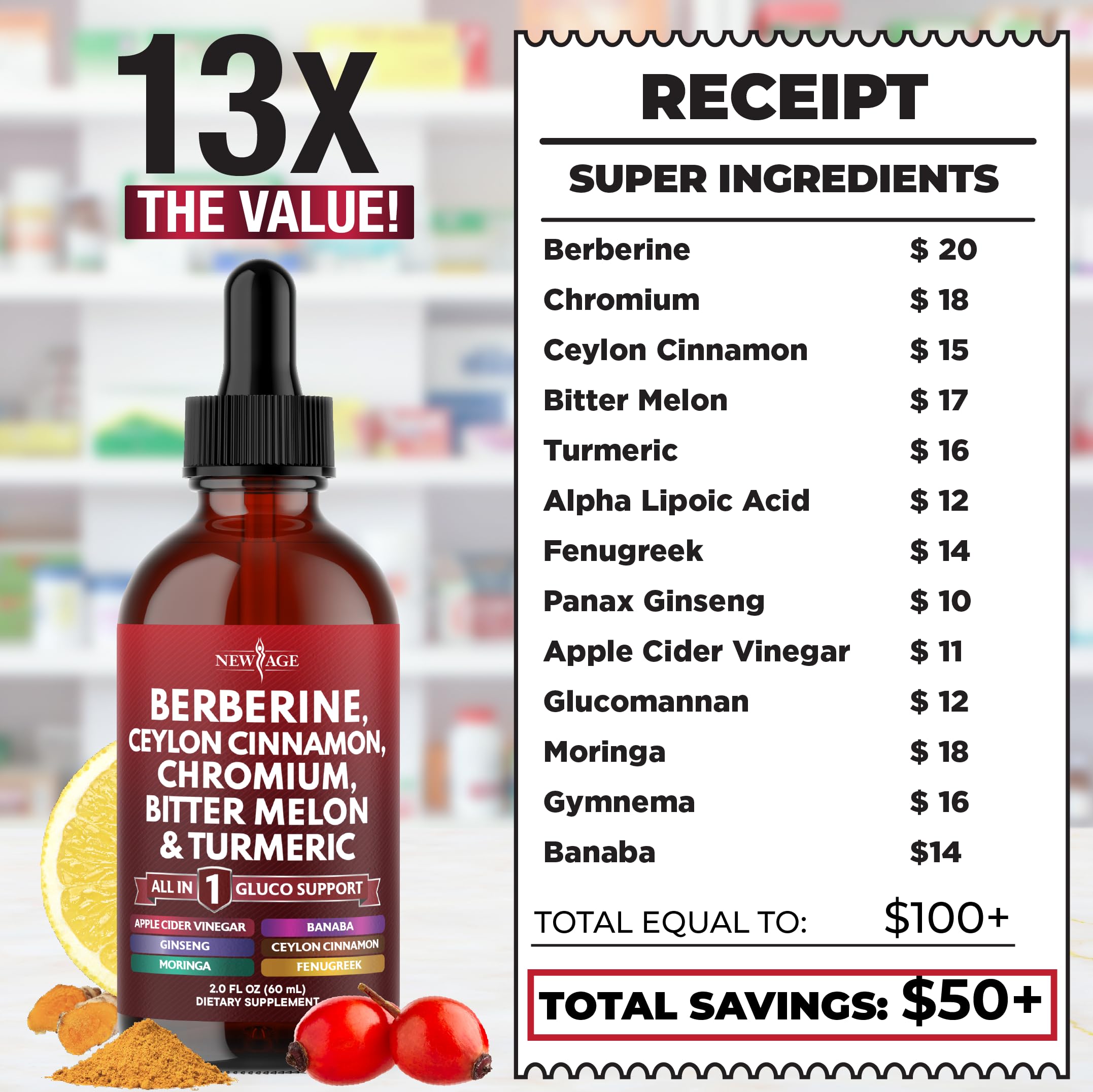 NEW AGE Berberine Cinnamon Drops with visible botanicals emphasizing a multi-ingredient mix