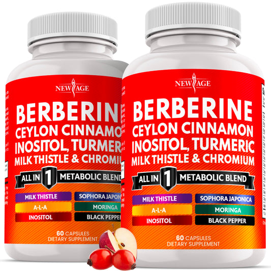 NEW AGE Berberine and Cinnamon supplement bottle for daily wellness