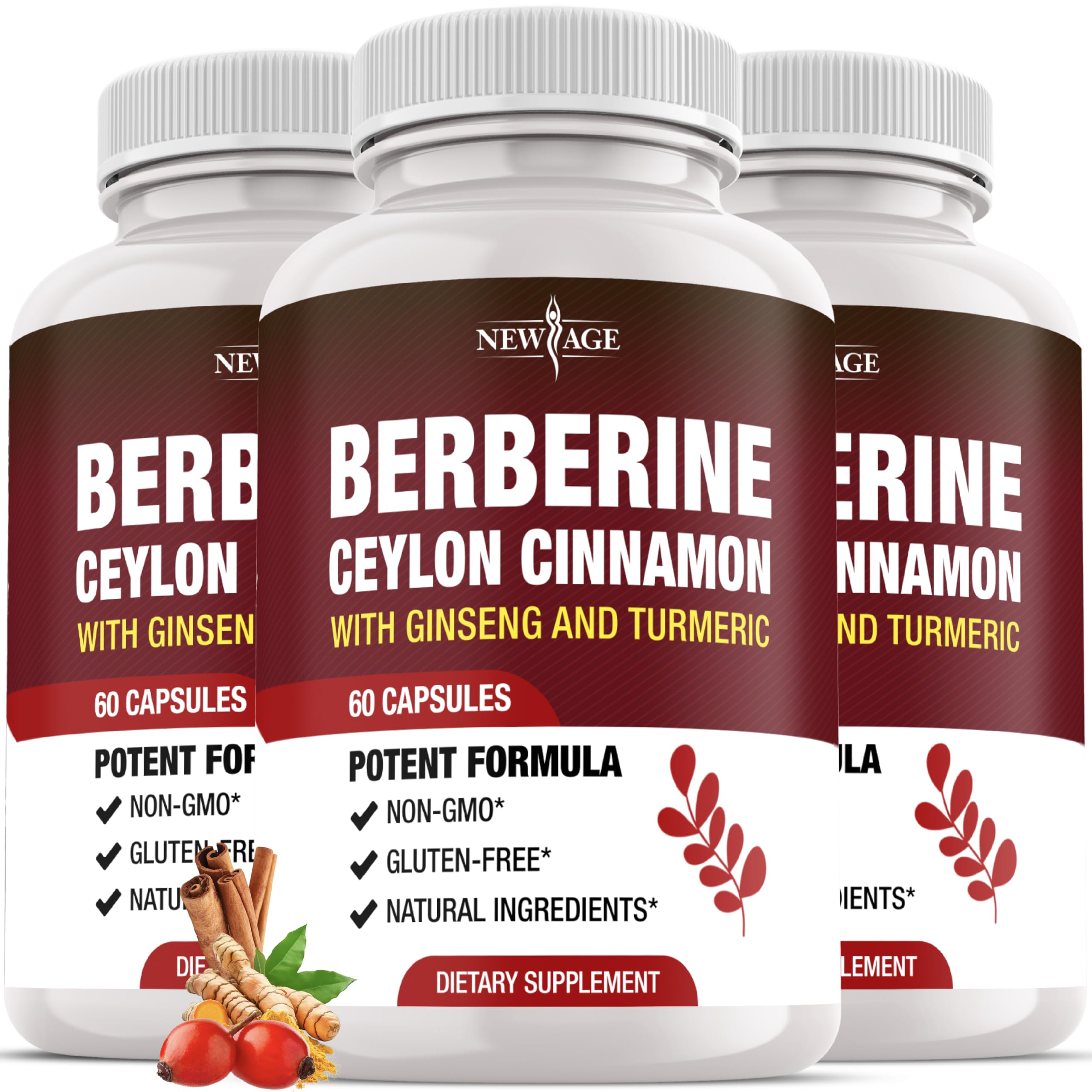 NEW AGE berberine HCL plus cinnamon bottle front showcases a comprehensive wellness formula.
