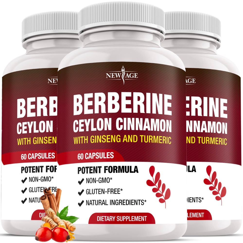NEW AGE berberine HCL plus cinnamon bottle front showcases a comprehensive wellness formula.