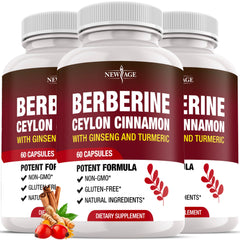 NEW AGE berberine HCL plus cinnamon bottle front showcases a comprehensive wellness formula.