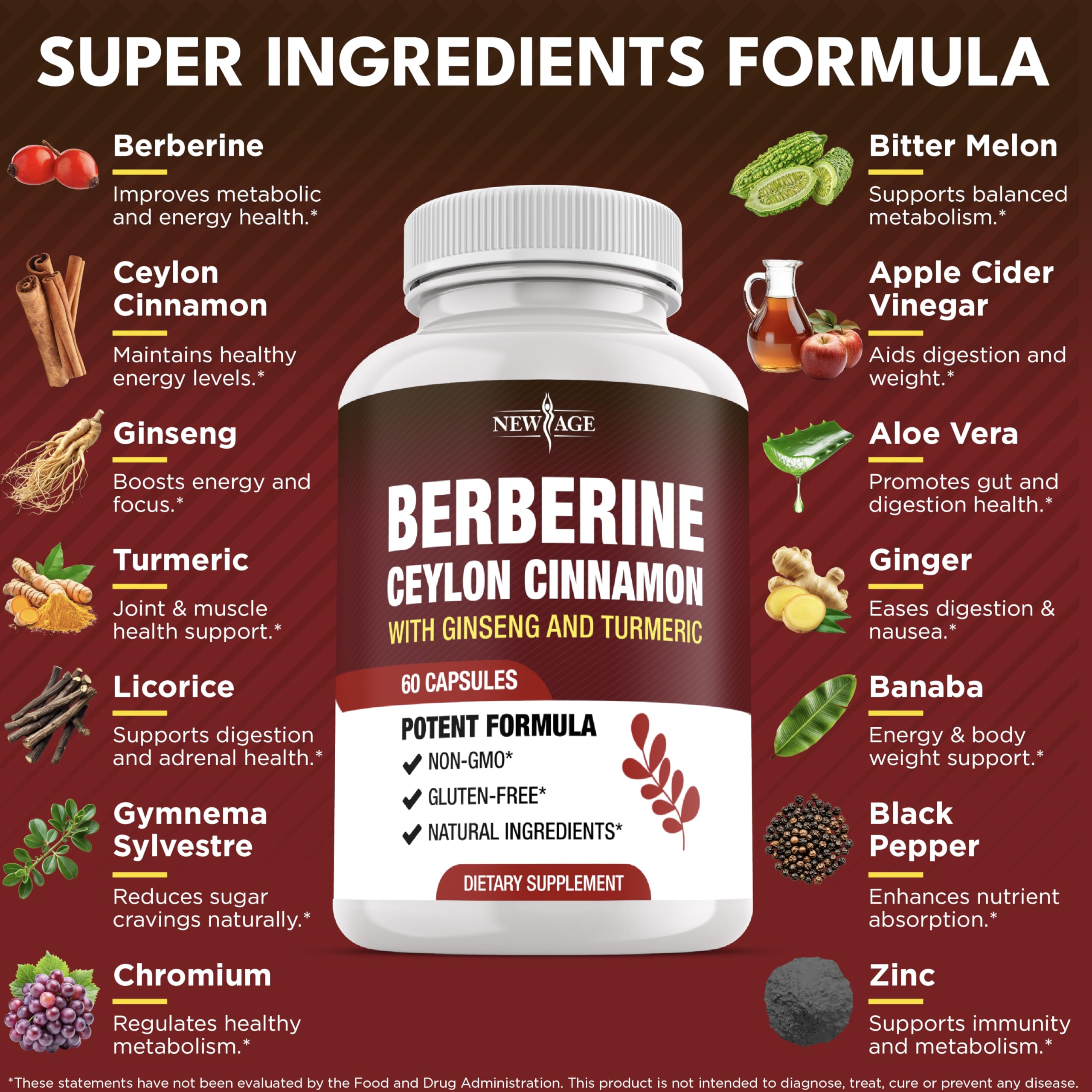 NEW AGE berberine HCL plus cinnamon capsules ready for daily immune-support routines.