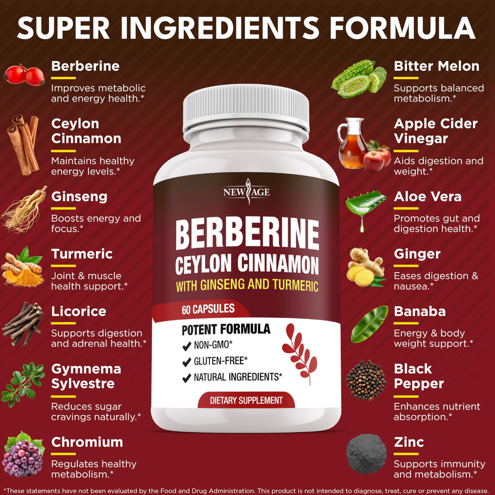 NEW AGE berberine HCL plus cinnamon capsules ready for daily immune-support routines.