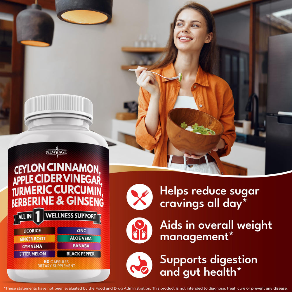 NEW AGE Berberine with Cinnamon caps showcase 14-in-1 convenience in one bottle.