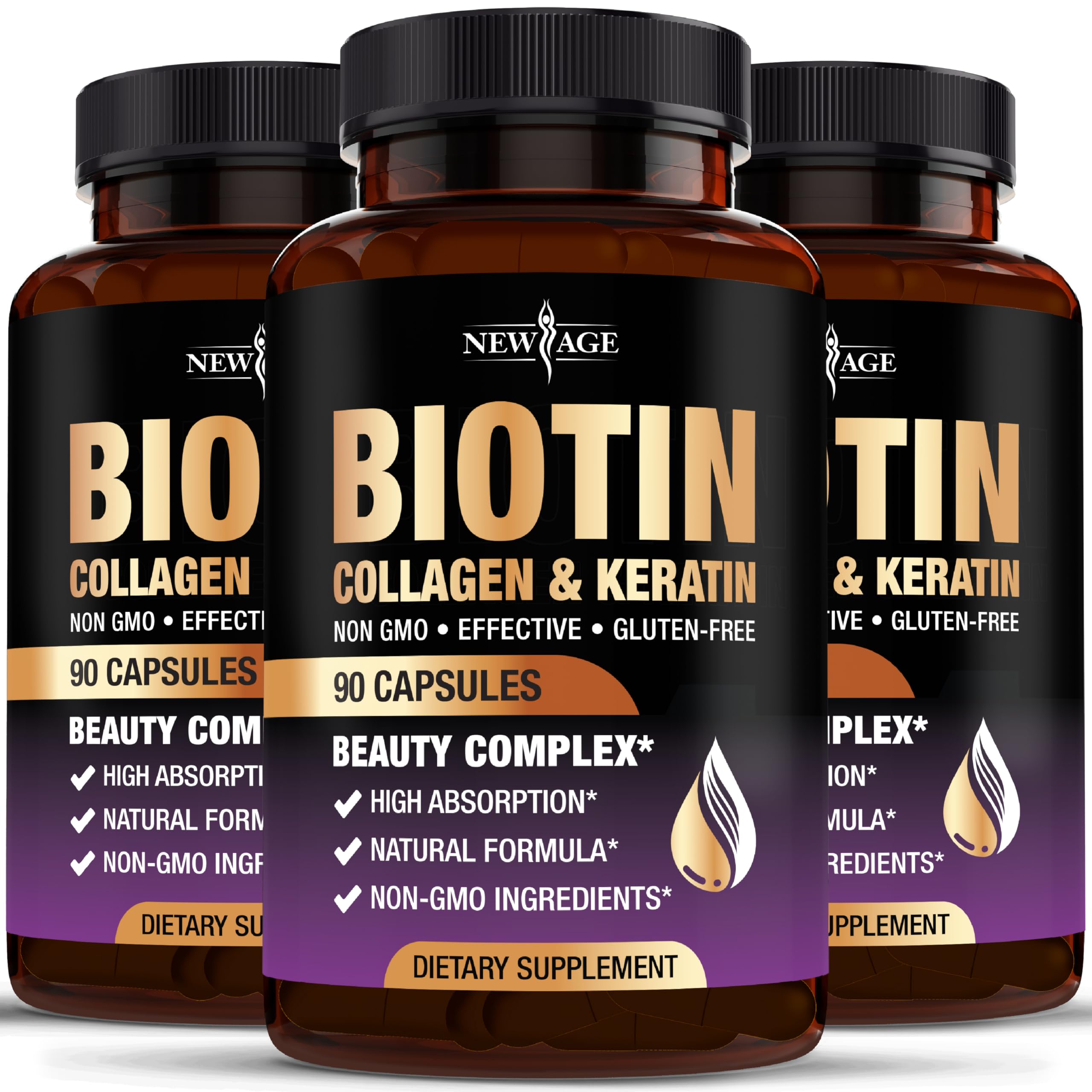 NEW AGE Biotin Collagen Keratin Hyaluronic Acid capsules for stronger hair and healthier skin.