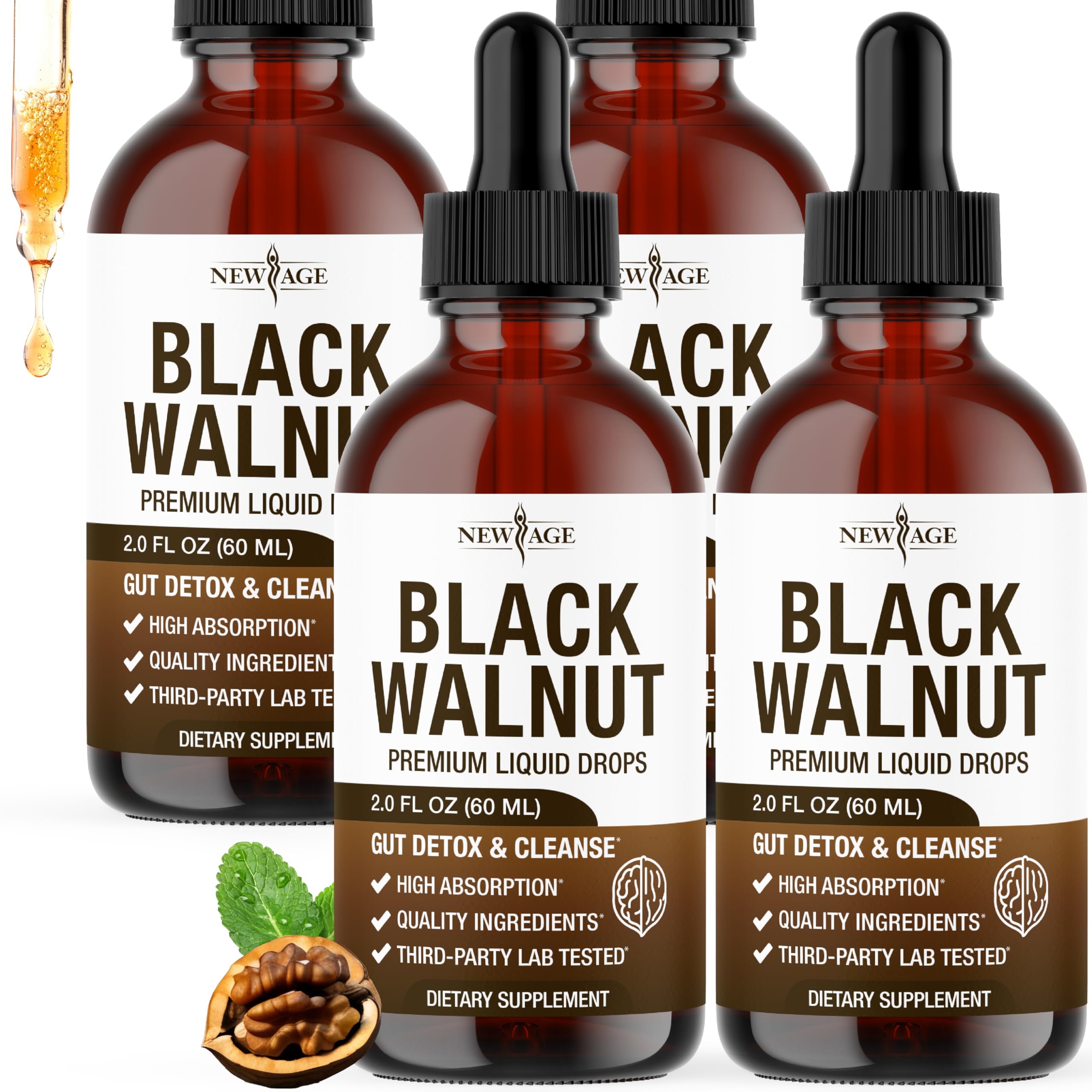 NEW AGE Black Walnut Drops bottle showing convenient daily use and alcohol-free formula