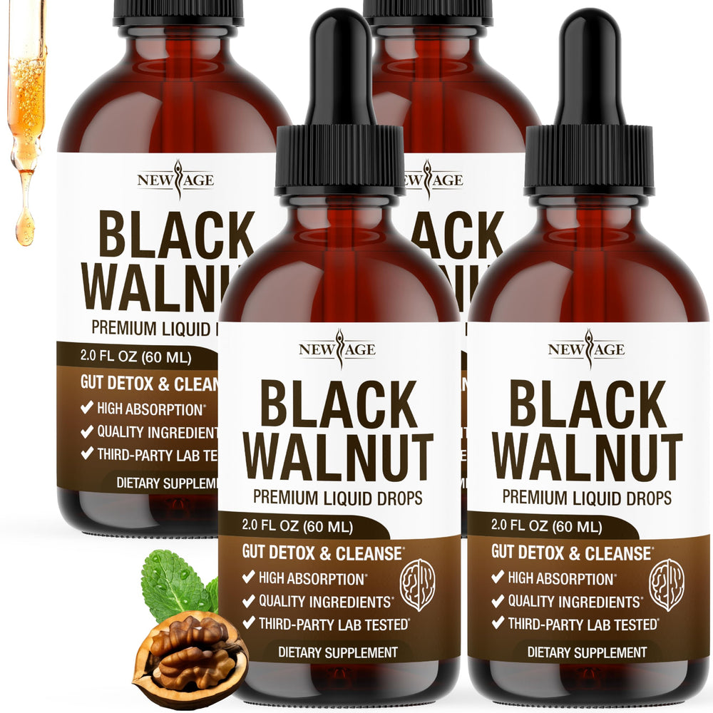 NEW AGE Black Walnut Drops bottle showing convenient daily use and alcohol-free formula