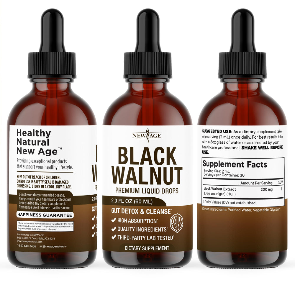NEW AGE Black Walnut Drops glass bottle on counter ready for a 2 ml serving