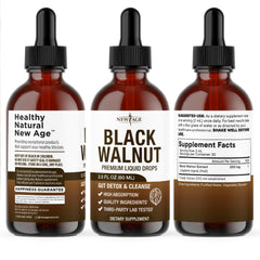 NEW AGE Black Walnut Drops glass bottle on counter ready for a 2 ml serving