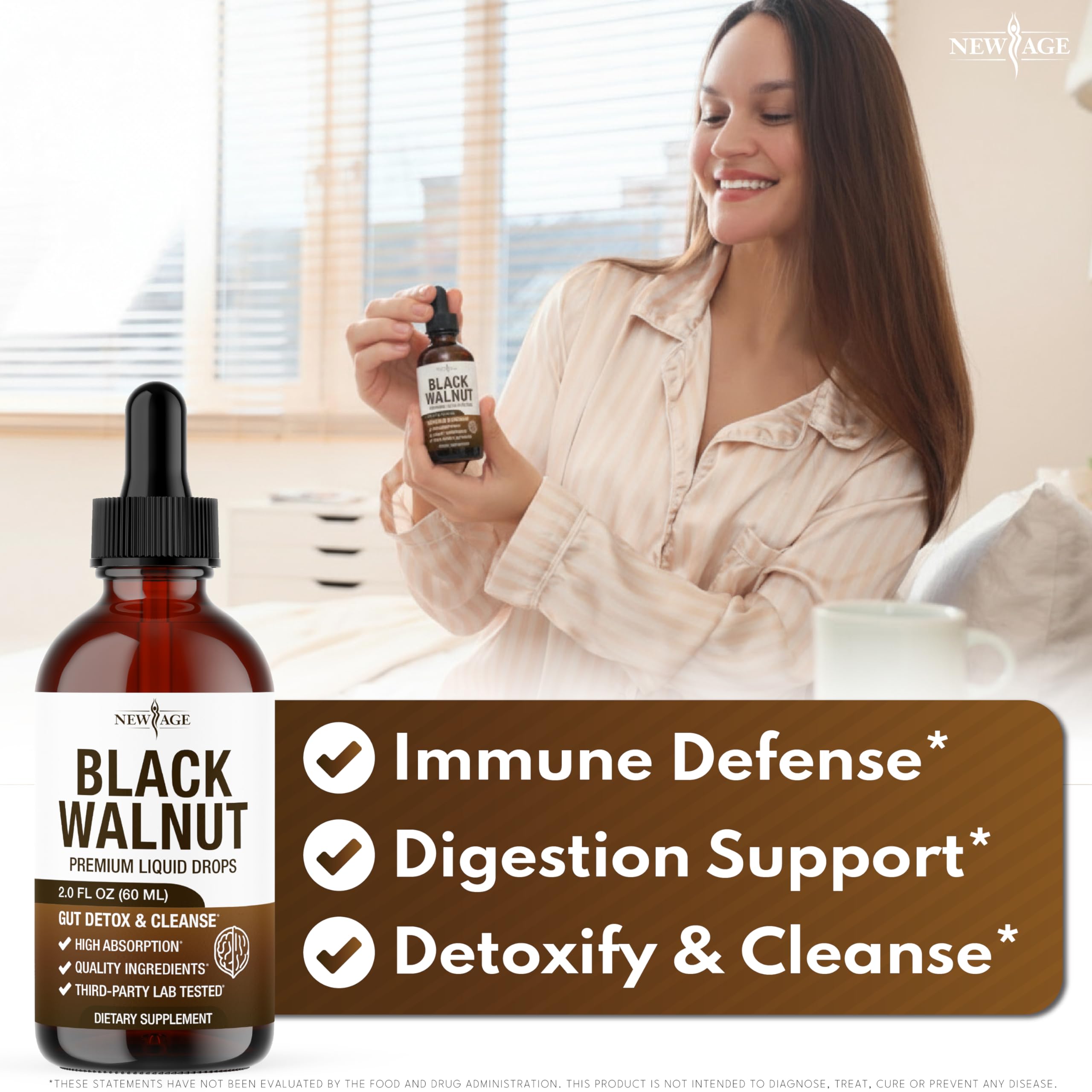 NEW AGE Black Walnut Drops poured into water for easy daily consumption