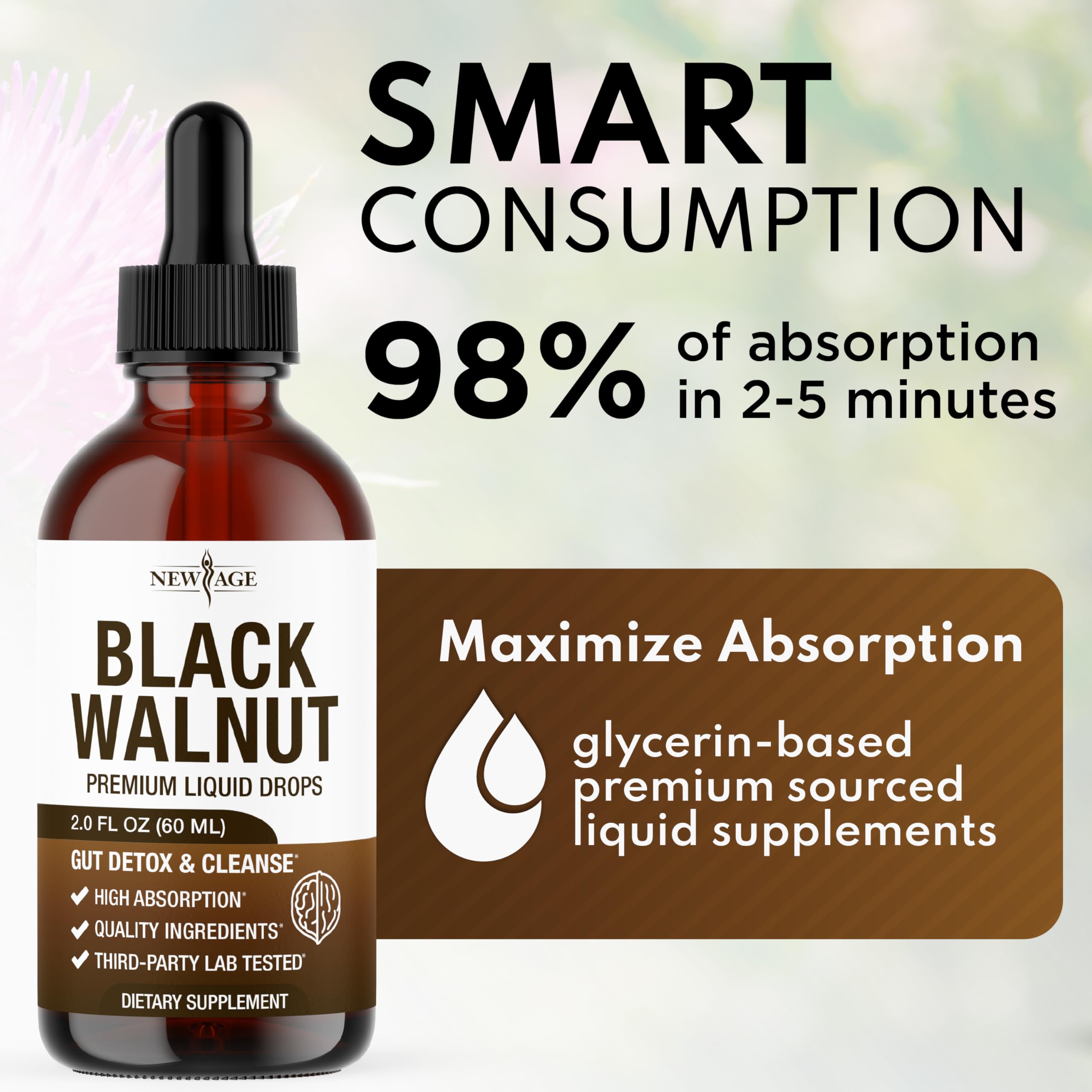 NEW AGE Black Walnut Drops liquid texture illustrating smooth, fast-absorbing drops