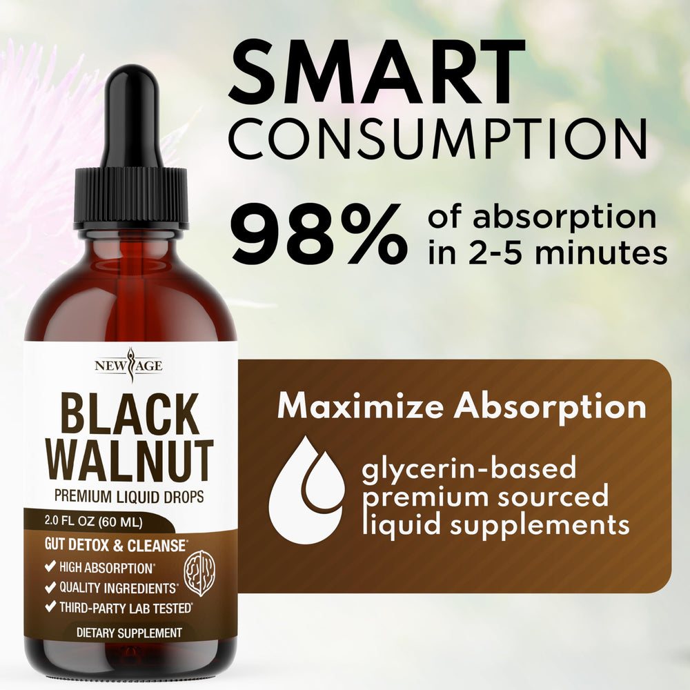 NEW AGE Black Walnut Drops liquid texture illustrating smooth, fast-absorbing drops