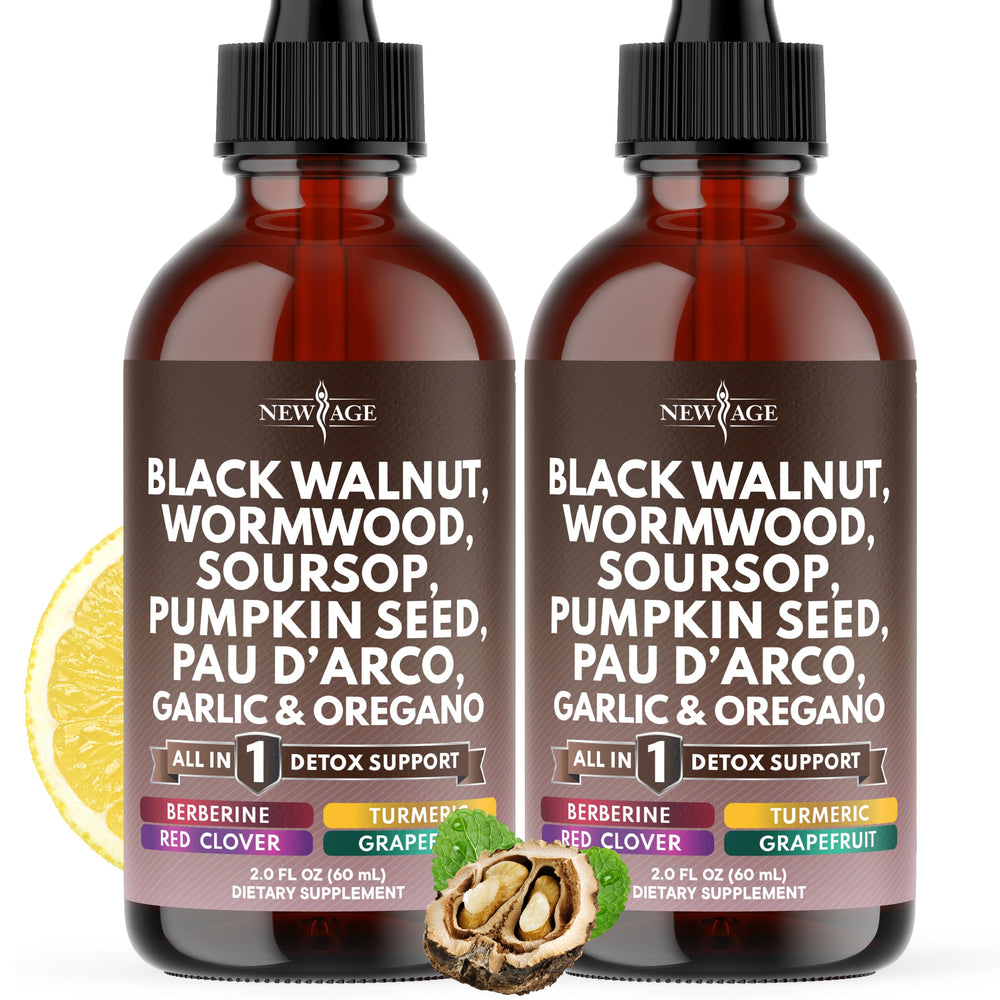 NEW AGE Black Walnut Wormwood Cleanse Drops bottle may support gut balance.