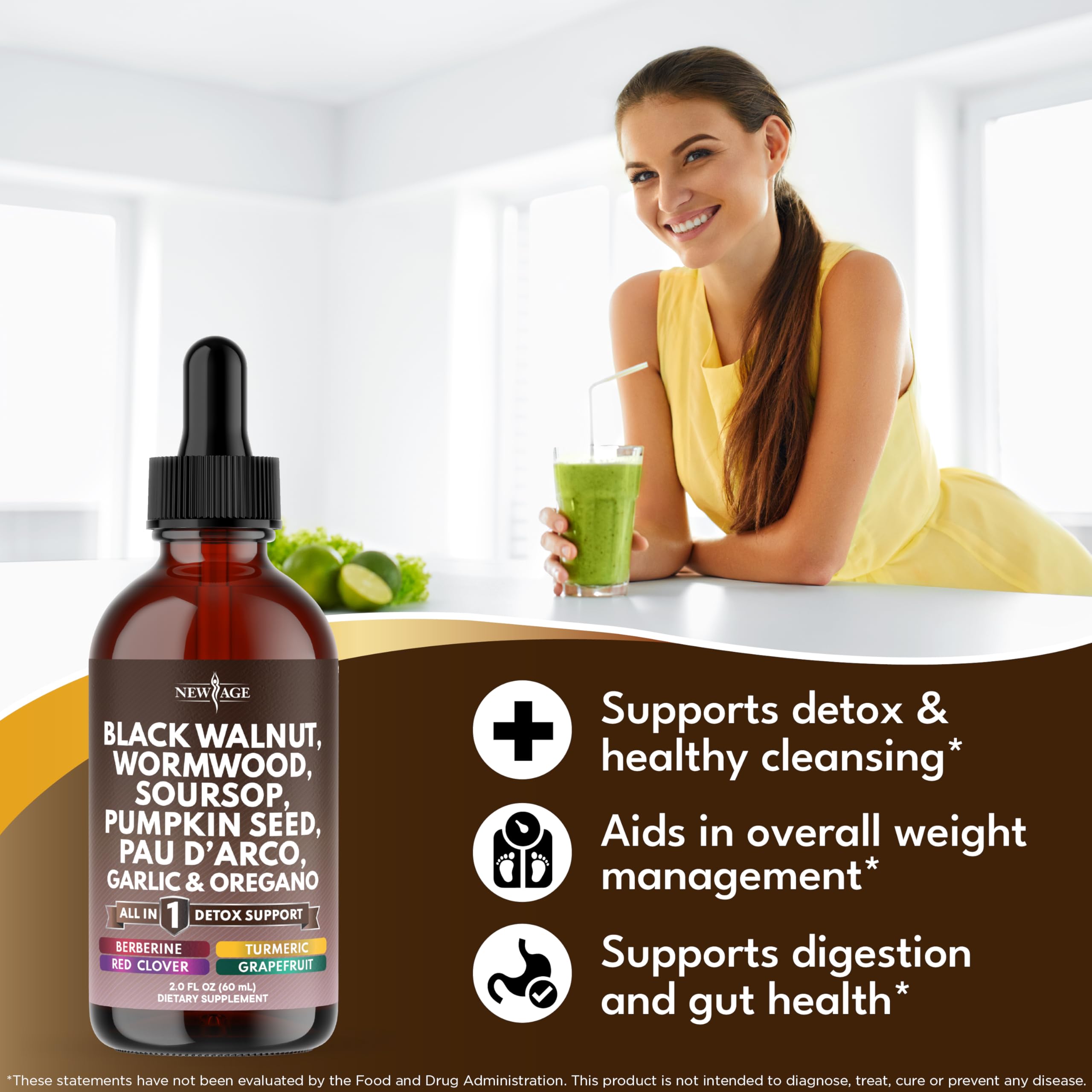 NEW AGE Black Walnut Wormwood Cleanse Drops ingredients scene with soursop and oregano oils