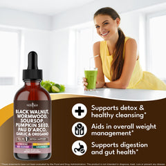 NEW AGE Black Walnut Wormwood Cleanse Drops ingredients scene with soursop and oregano oils