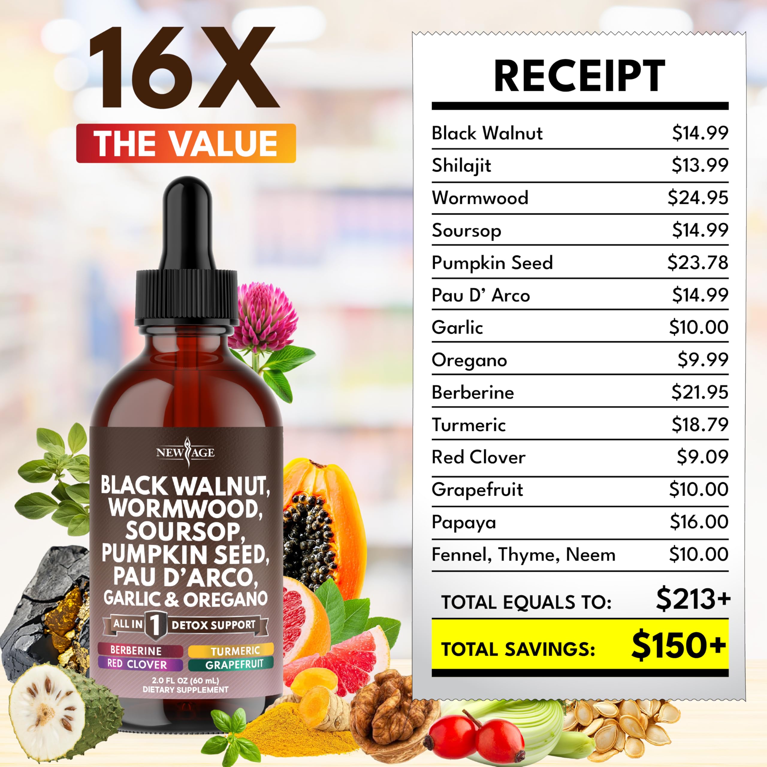 NEW AGE Black Walnut Wormwood Cleanse Drops kitchen scene suggesting easy mixing with beverages