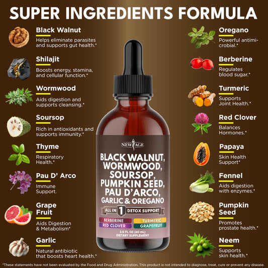 NEW AGE Black Walnut Wormwood Cleanse Drops label close-up highlighting herbal blend for wellness