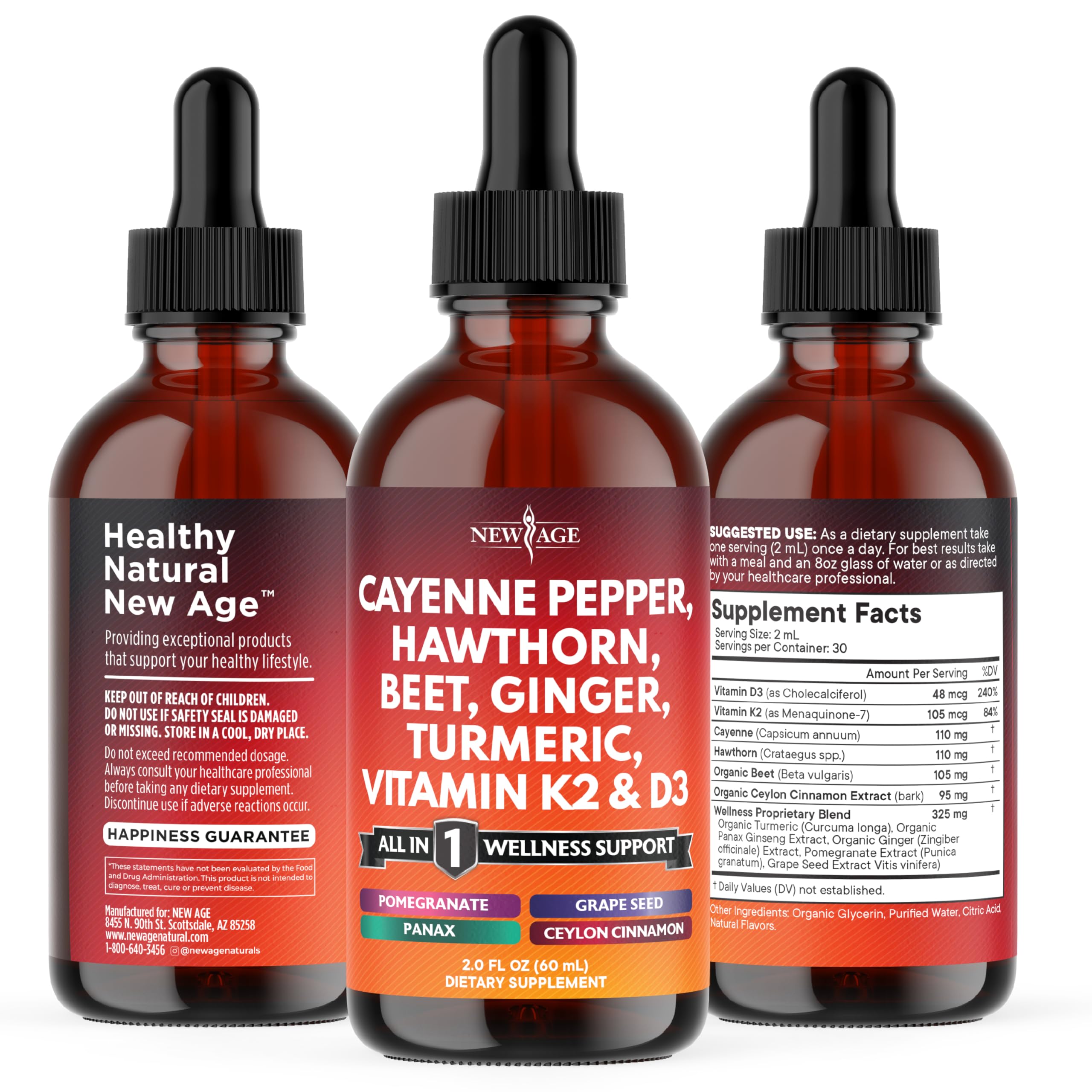 NEW AGE Cayenne Drops ginseng bottle hints at sustained focus during day.