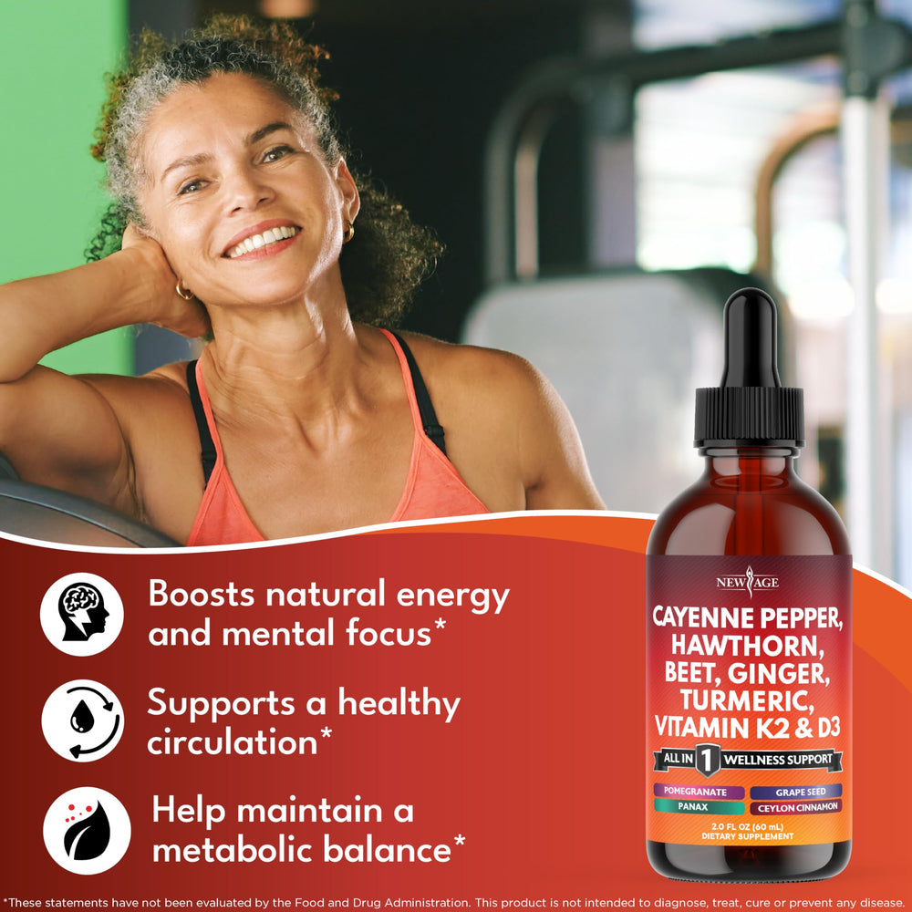 NEW AGE Cayenne Drops label detail highlighting vegan, non-GMO formula.