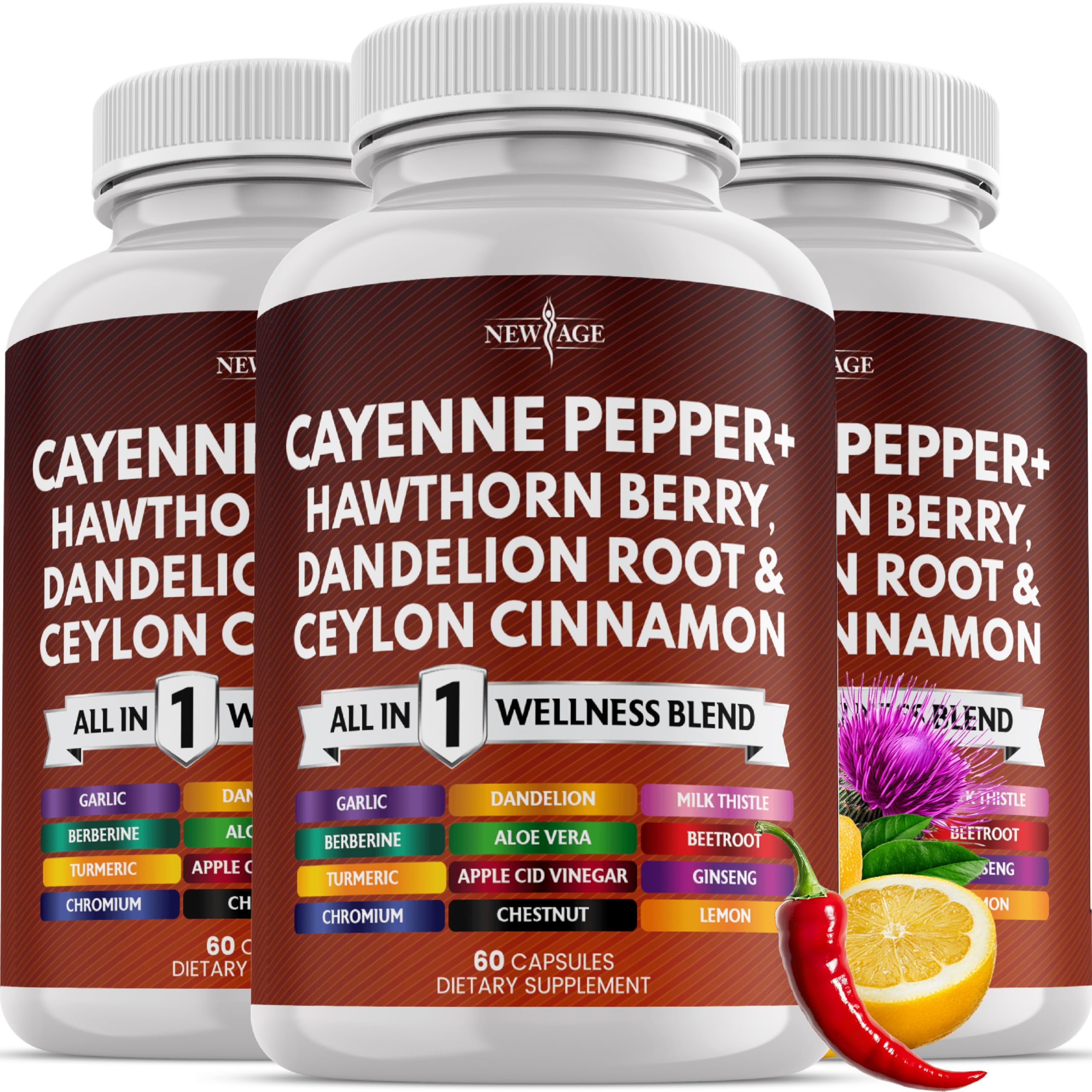 NEW AGE Cayenne Pepper Capsules bottle close-up for daily wellness