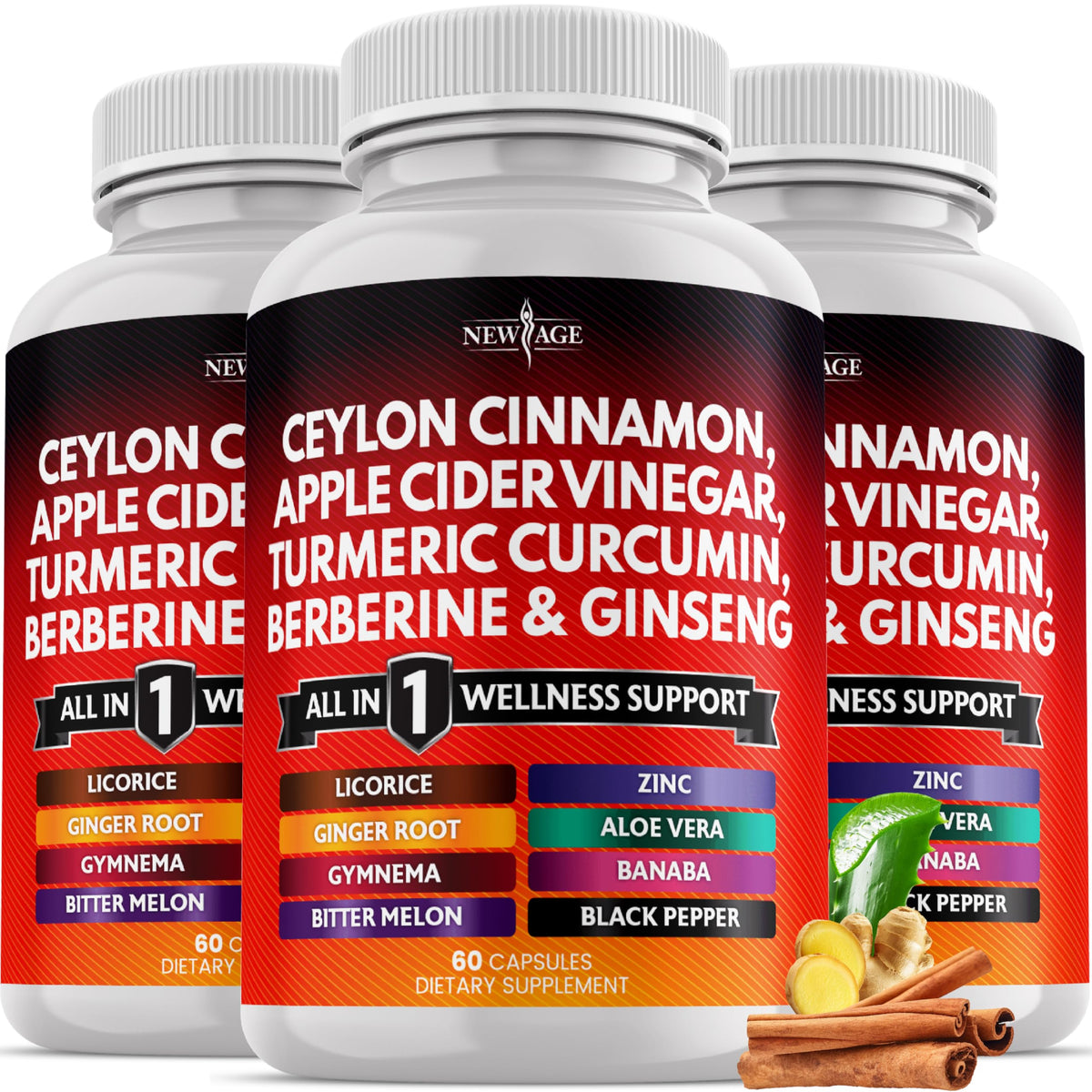 New Age ceylon-cinnamon-turmeric-acv capsules bottle pour for daily wellness
