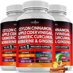 New Age ceylon-cinnamon-turmeric-acv capsules bottle pour for daily wellness