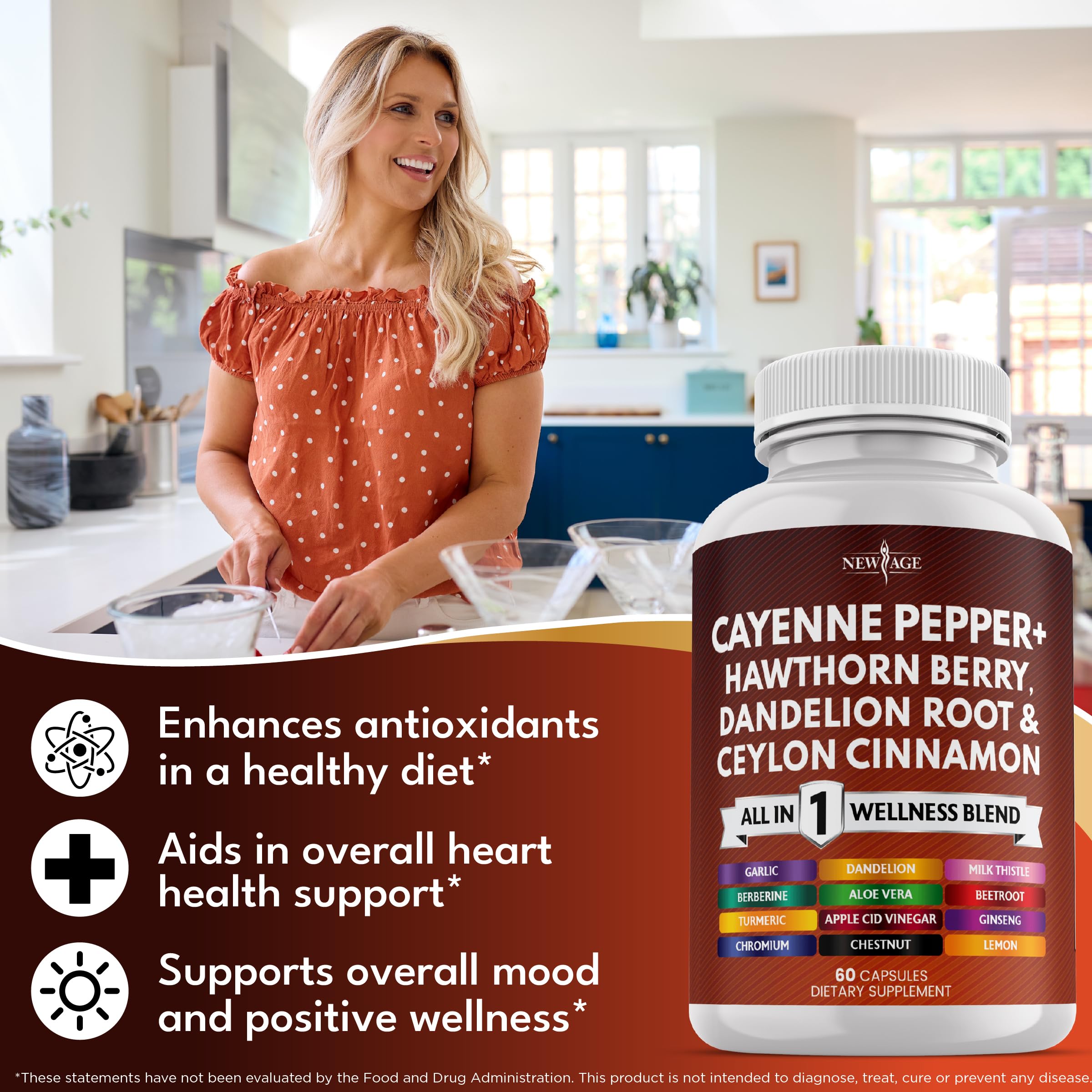 NEW AGE Cinnamon-Ginger-Garlic blend capsules on bottle with spice-forward wellness
