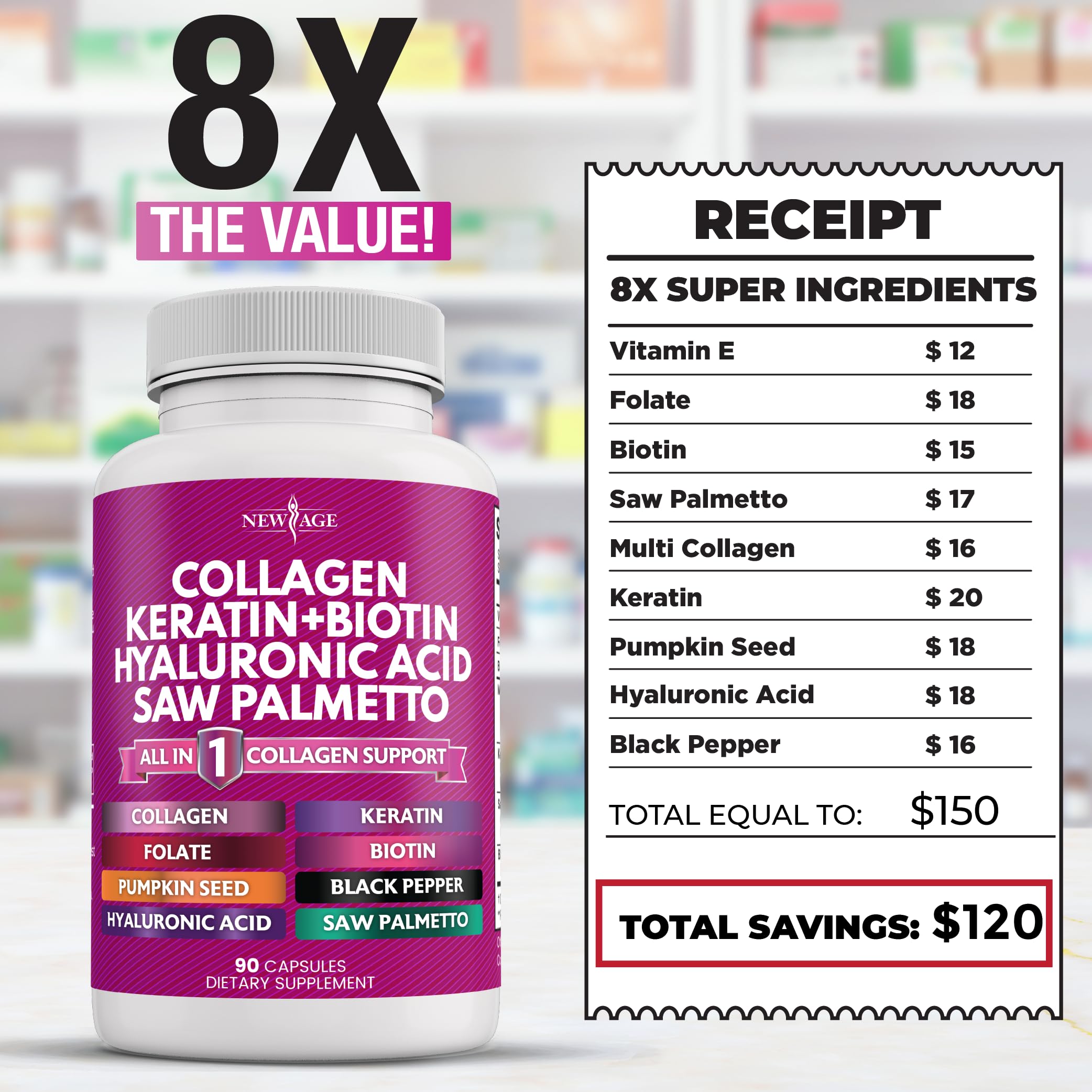 New Age Collagen Pills on bathroom shelf suggesting routine wellness support.