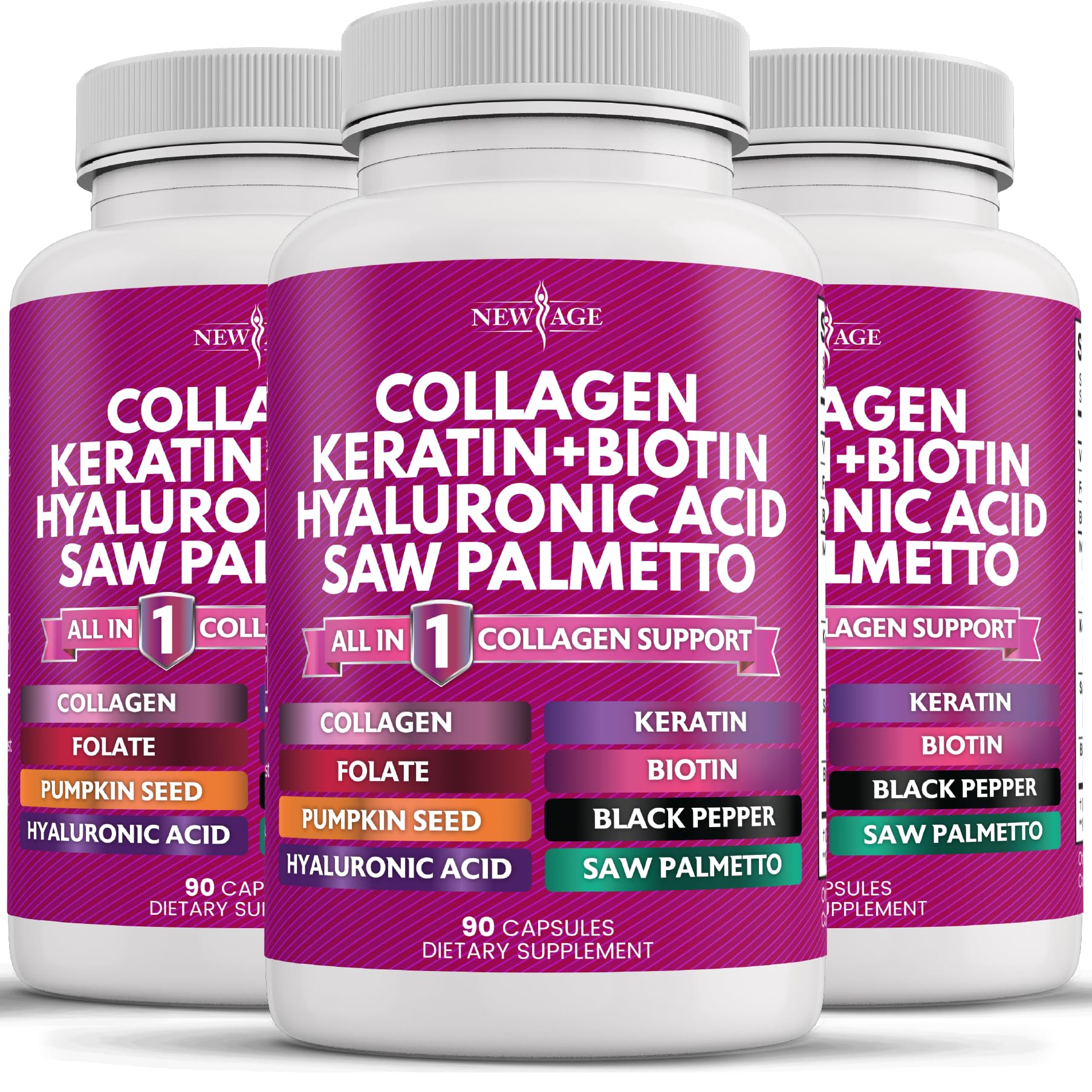 New Age Collagen Pills bottle on counter, daily beauty support in view.