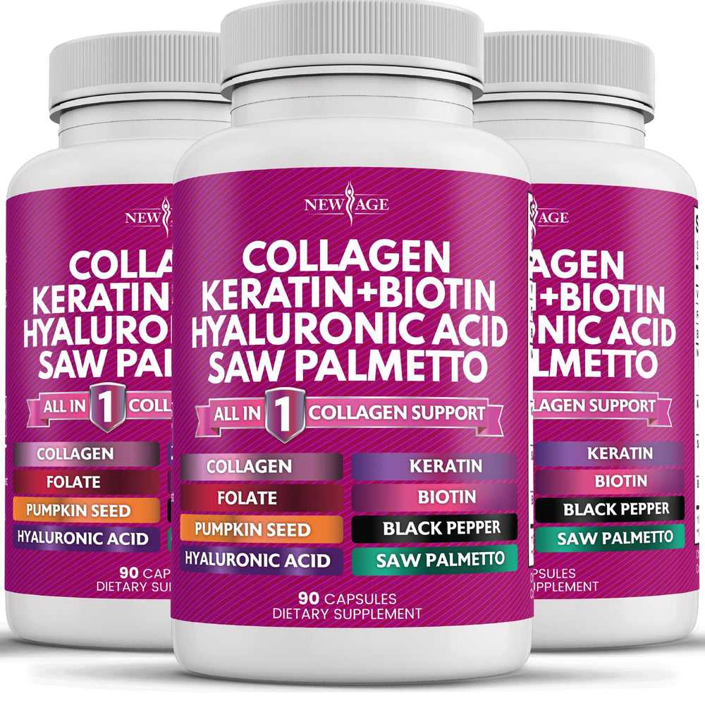 New Age Collagen Pills bottle on counter, daily beauty support in view.