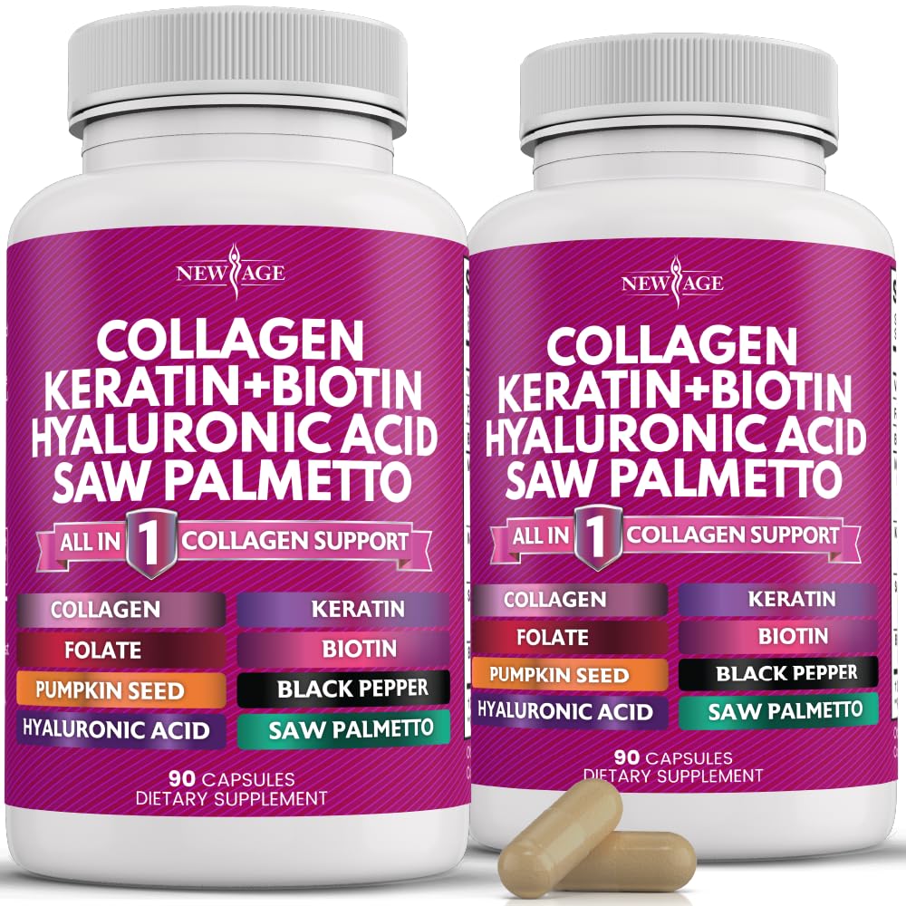 New Age Collagen Pills bottle on shelf for daily hair and nail support.