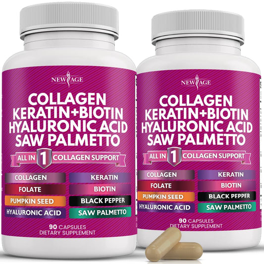 New Age Collagen Pills bottle on shelf for daily hair and nail support.