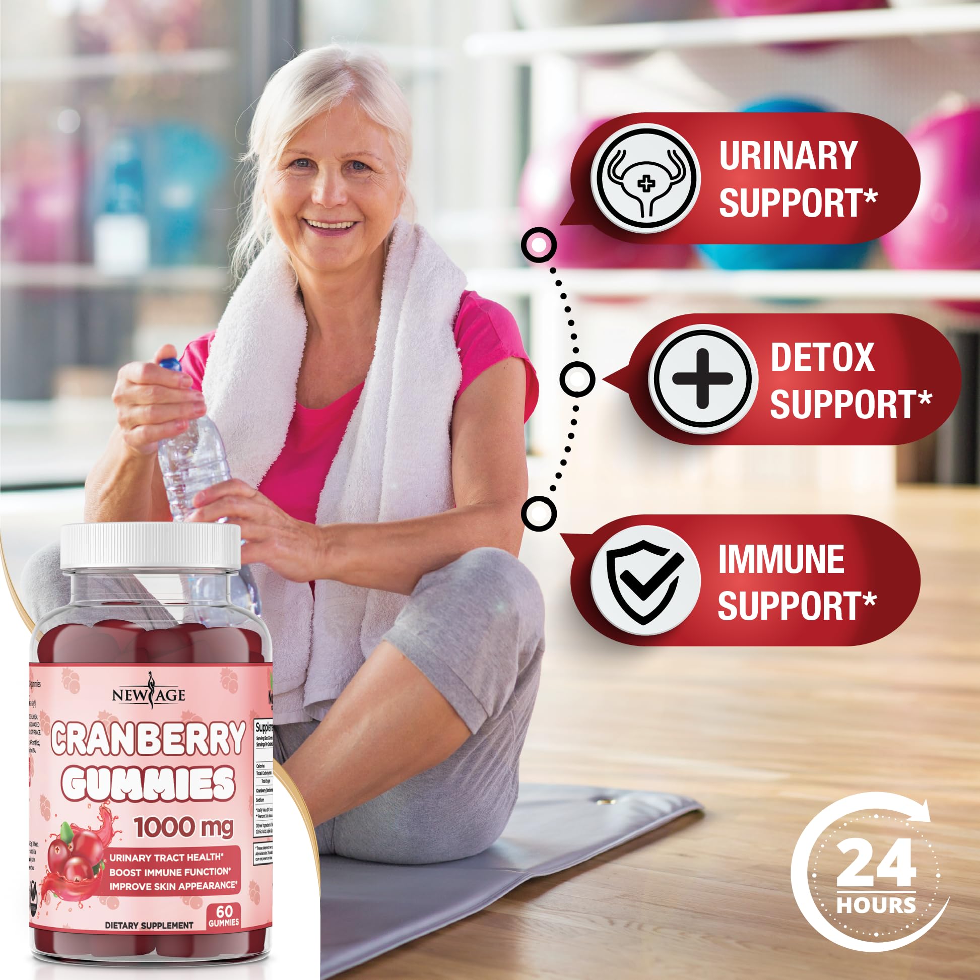 NEW AGE Cranberry Gummies texture close-up showing chewy berry flavor.