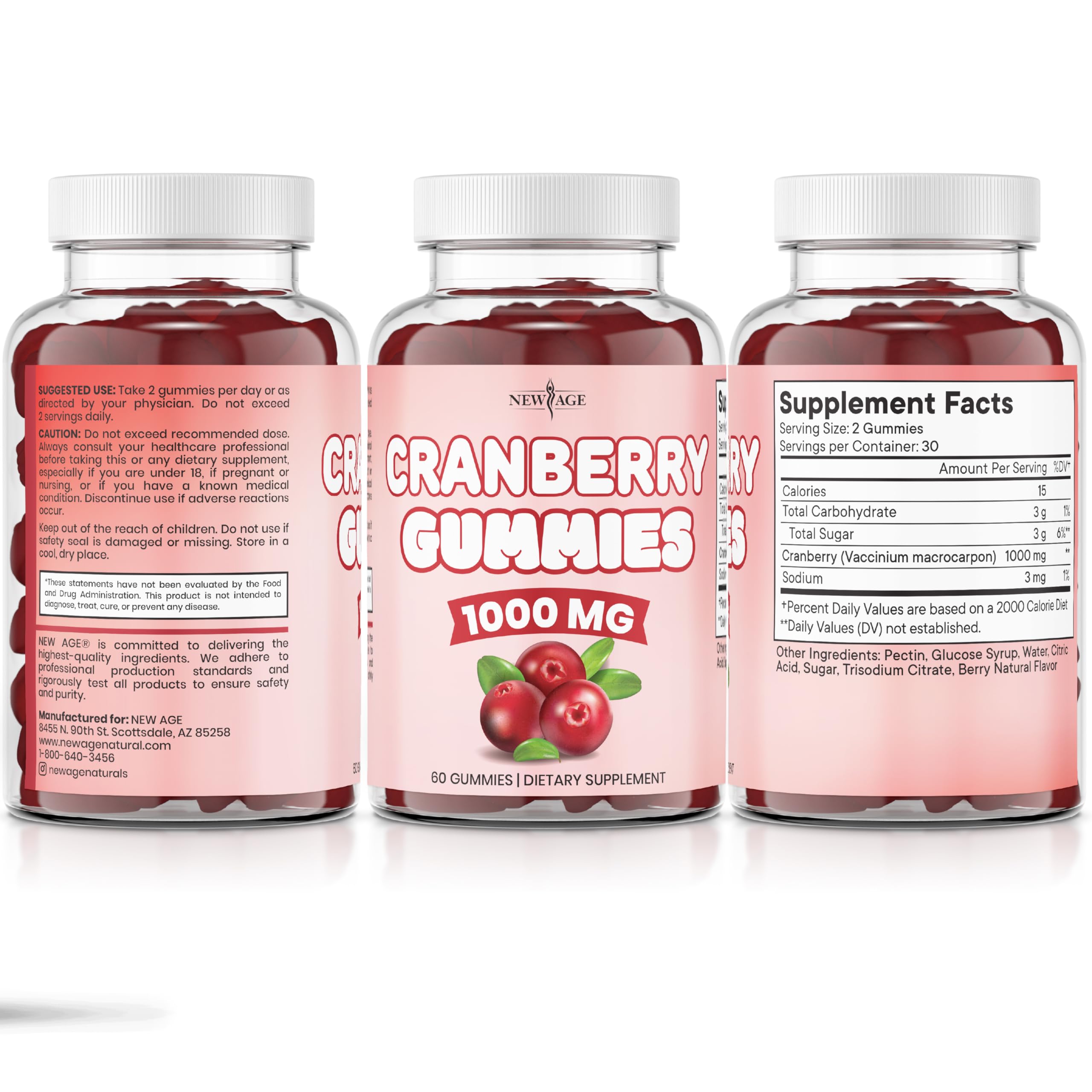 NEW AGE Cranberry Gummies ingredient panel emphasizing all-natural and vegan
