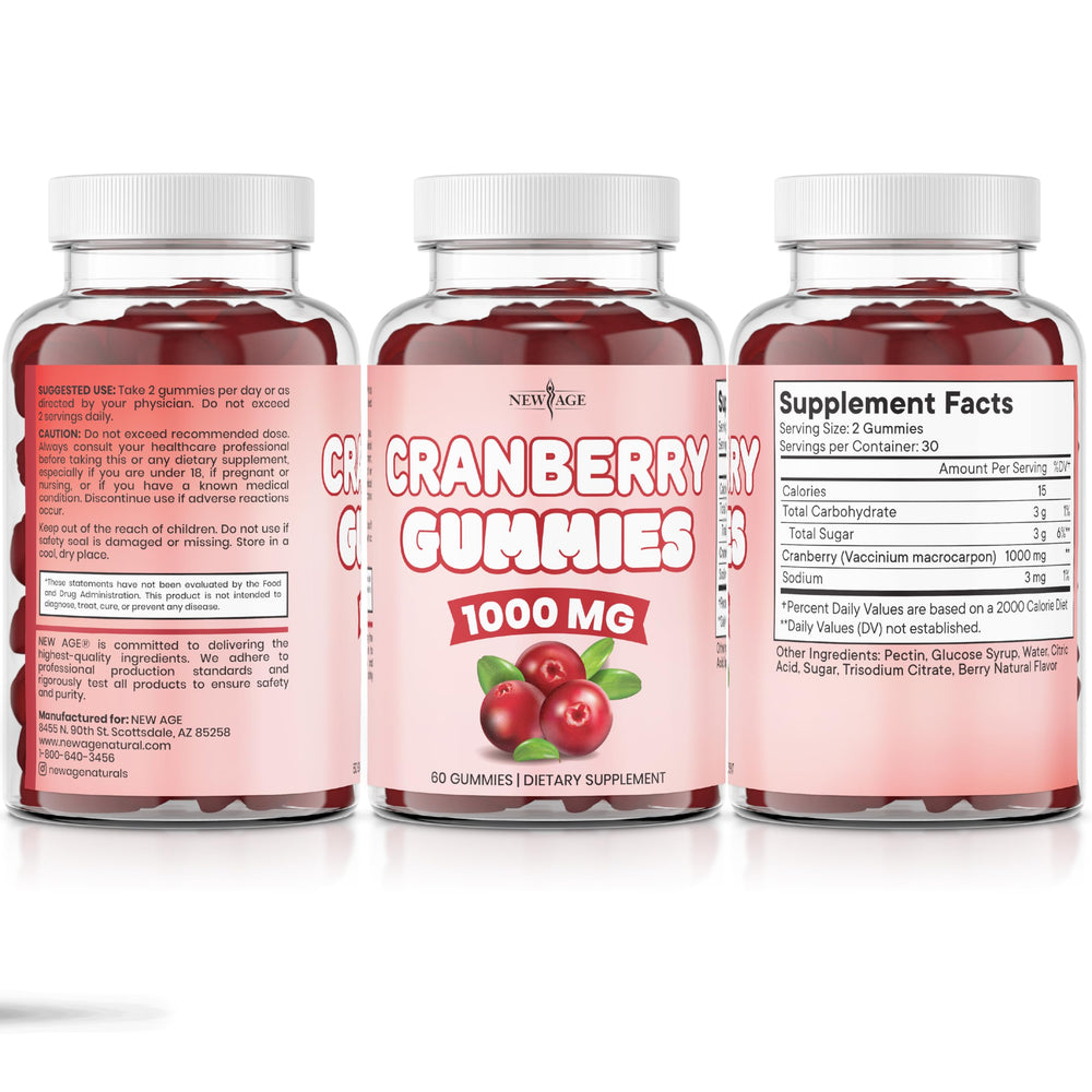 NEW AGE Cranberry Gummies ingredient panel emphasizing all-natural and vegan
