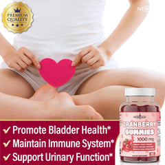 NEW AGE Cranberry Gummies ingredient panel visible, showcasing all-natural, non-GMO formula.