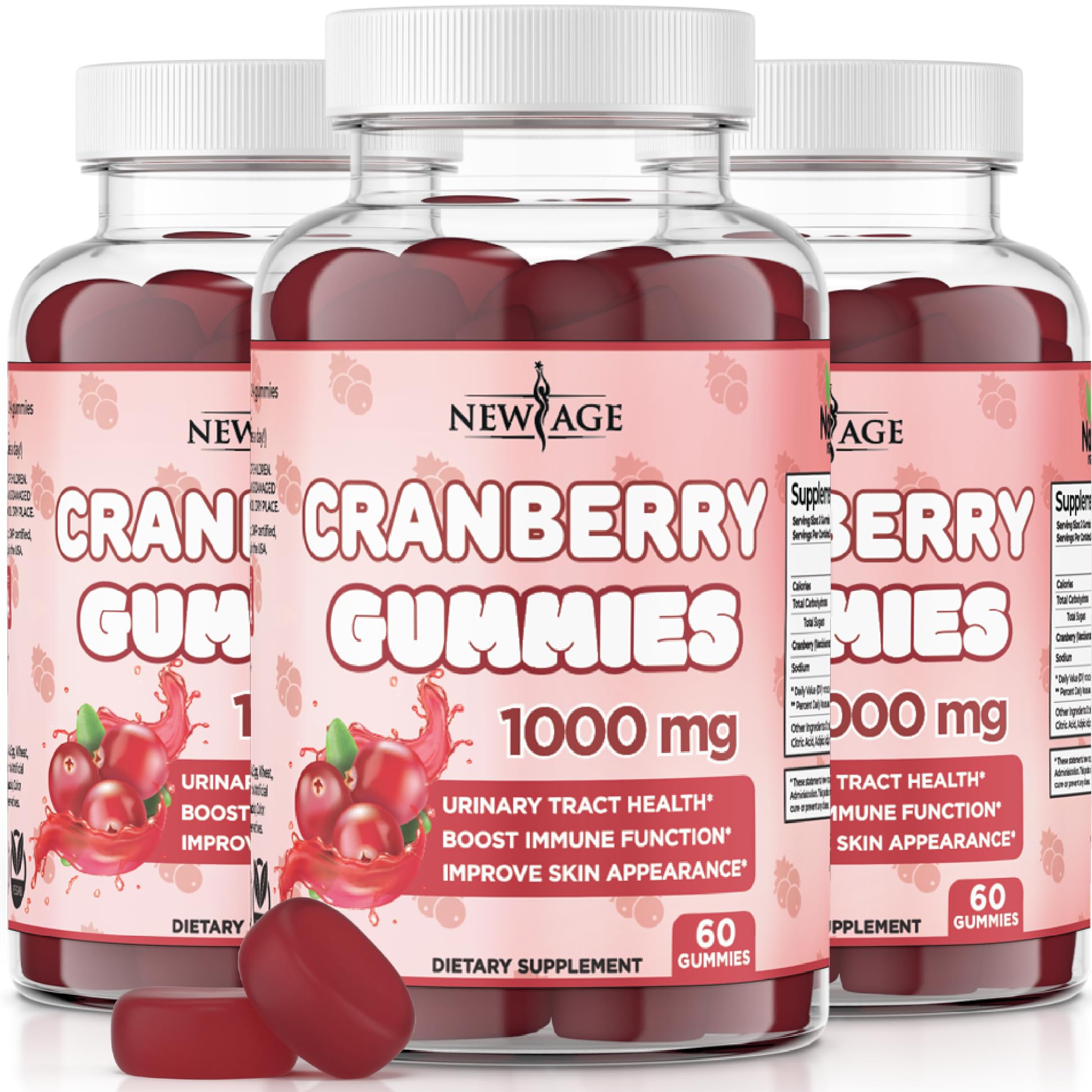 NEW AGE Cranberry Gummies bottle highlighting urinary health support.