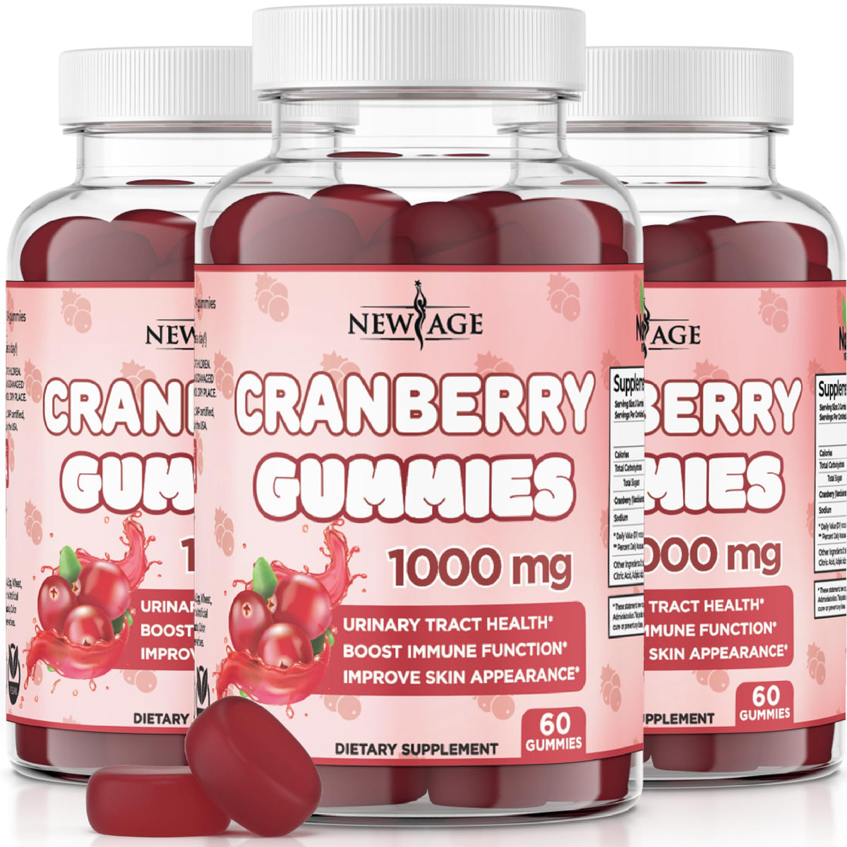 NEW AGE Cranberry Gummies bottle highlighting urinary health support.