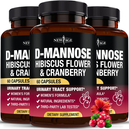 New Age D-Mannose bottle with capsules promotes urinary tract support.