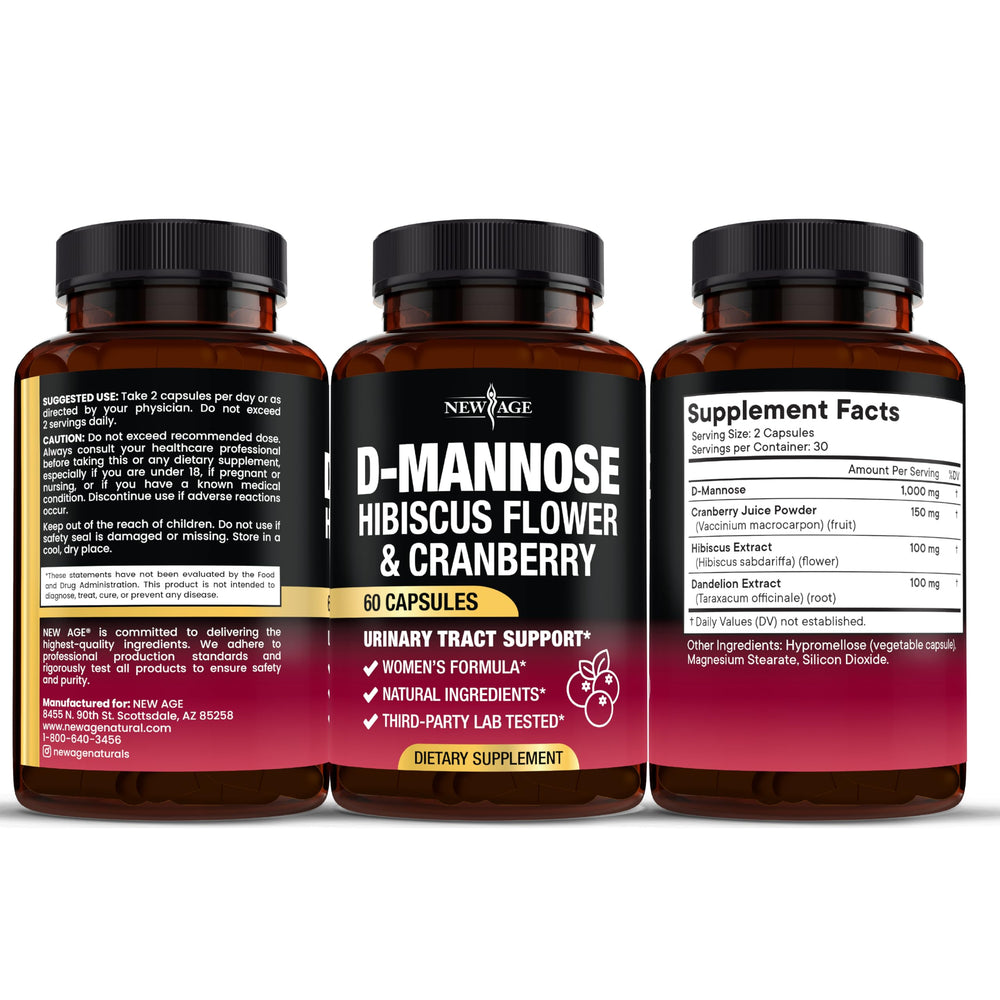 New Age D-Mannose box with stacked bottles suggests bulk shopping option.