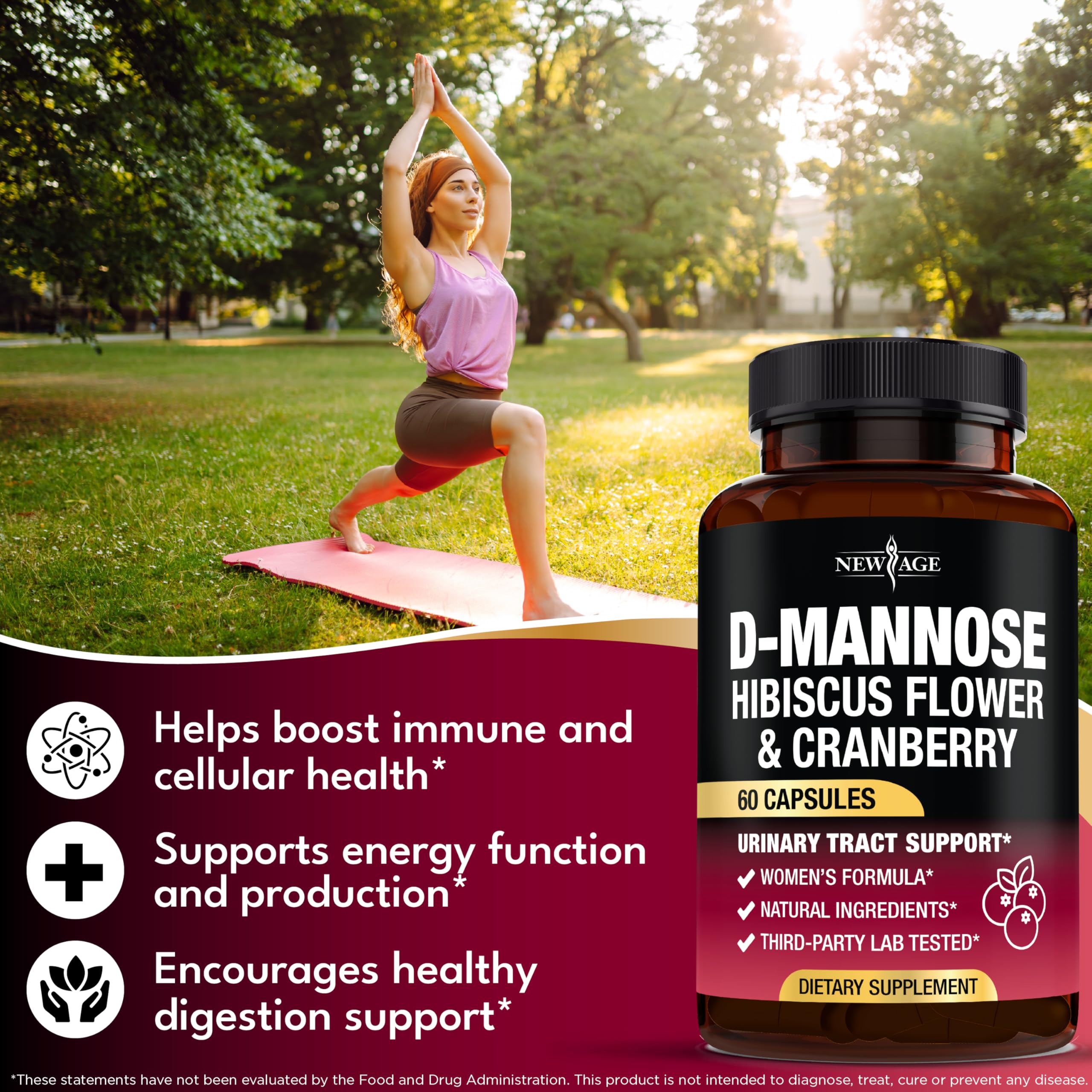 New Age D-Mannose capsule close-up showing 1000mg per serving feature.