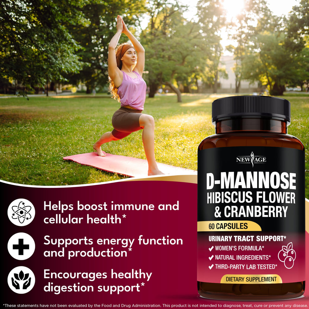 New Age D-Mannose capsule close-up showing 1000mg per serving feature.